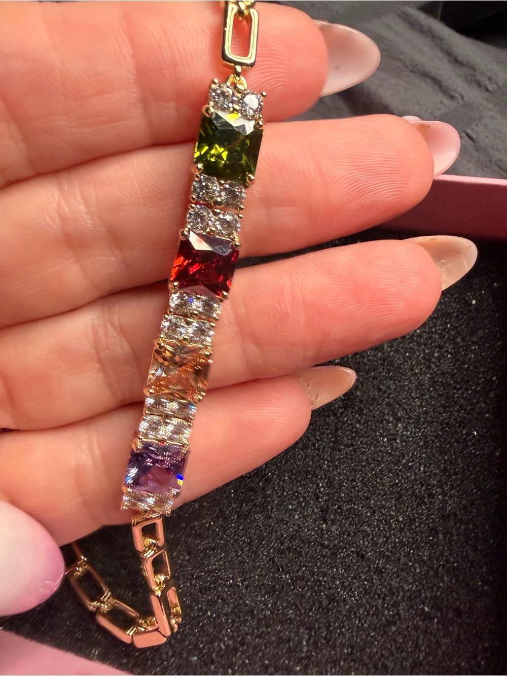 18K Gold Filled Rainbow Princess Cut AAA CZ Tennis Bracelet+1”Extender